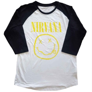 Nirvana - Yellow Smiley Uni Wht/Bl Raglan: ryhmässä MERCH / T-paita / Rockoff_Nya April24 @ Bengans Skivbutik AB (5535341r)