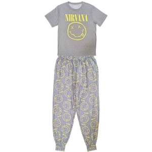 Nirvana - Yellow Smiley Uni Grey Pyjamas: ryhmässä MERCHANDISE / Merch / Hårdrock @ Bengans Skivbutik AB (5540911r)