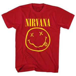 Nirvana - Yellow Happy Face Uni Red ryhmässä MERCHANDISE / T-paita / Pop-Rock @ Bengans Skivbutik AB (5546467r)