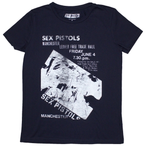 Sex Pistols - Manchester Flyer Lady Navy T-Shirt ryhmässä MERCHANDISE / T-paita / Punk @ Bengans Skivbutik AB (5587304r)