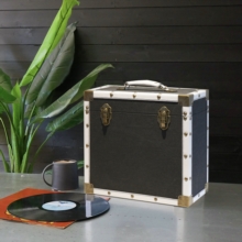 Lp Record Storage Carry Case - Black Cloth & White Leather